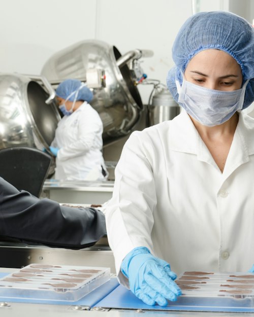 Food processing staff packing product on a production line